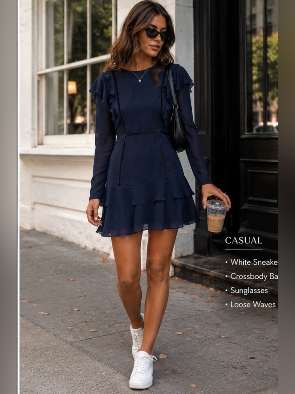 NWT. Navy blue long sleeve mini dress. Flirty dress. Ruffles. Flattering look